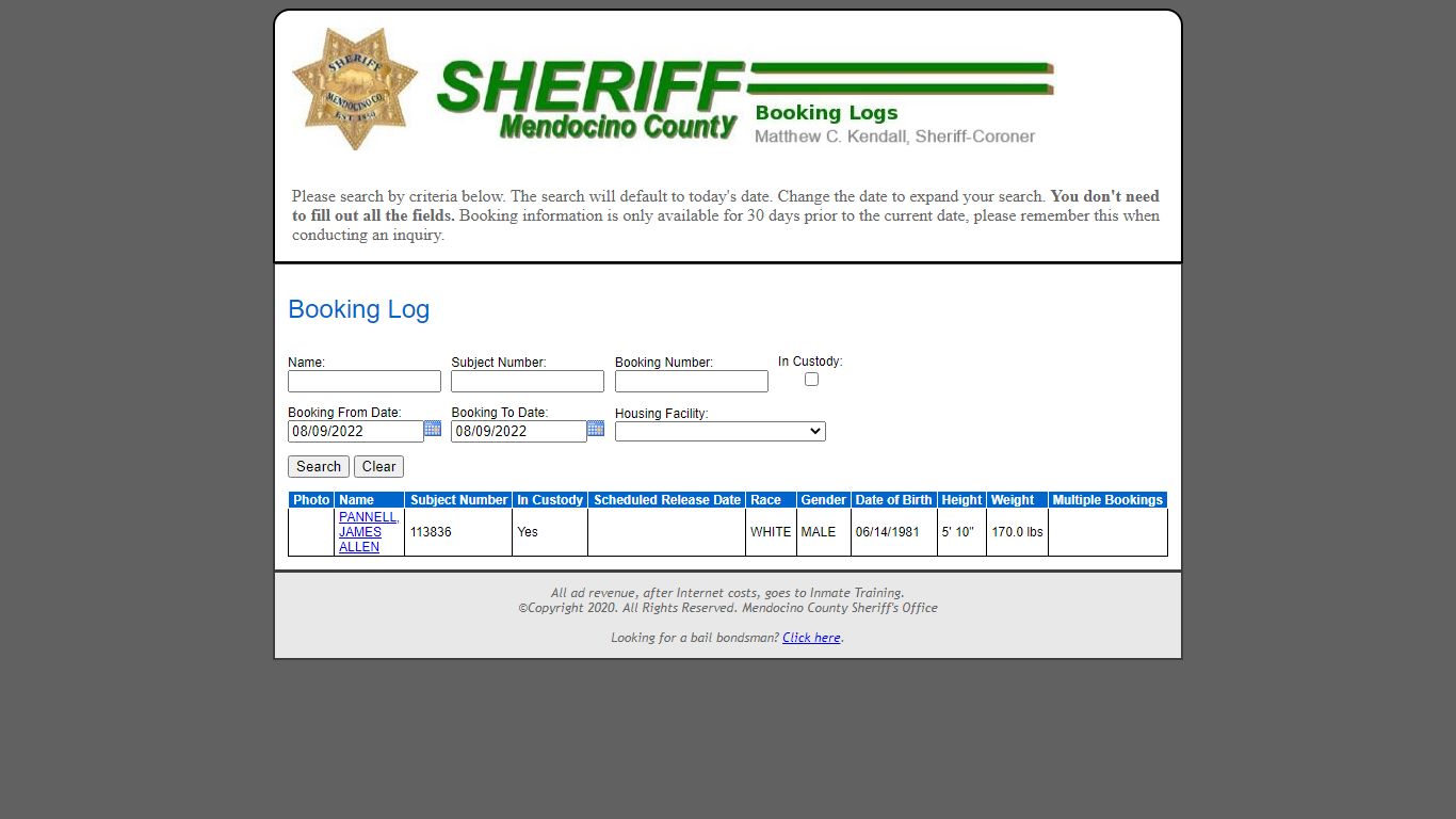 Booking Log - Mendocino County Sheriff's Office